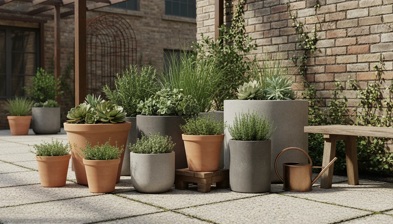 A harmonious collection of unglazed terracotta, concrete, and stone pots with minimalist plants on a small urban patio, unified by earth tones and gra