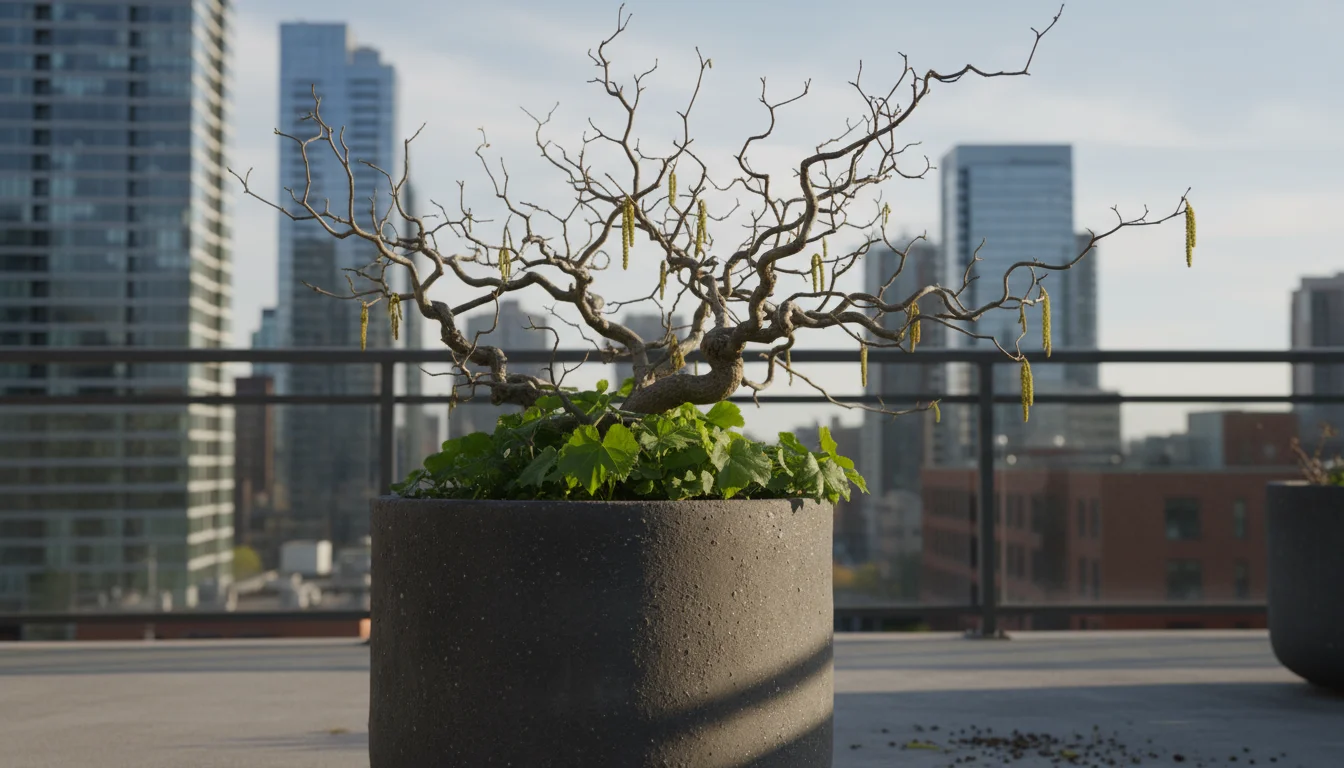 A Harry Lauder's Walking Stick plant with twisted, bare branches in a large dark grey planter on an urban balcony deck.