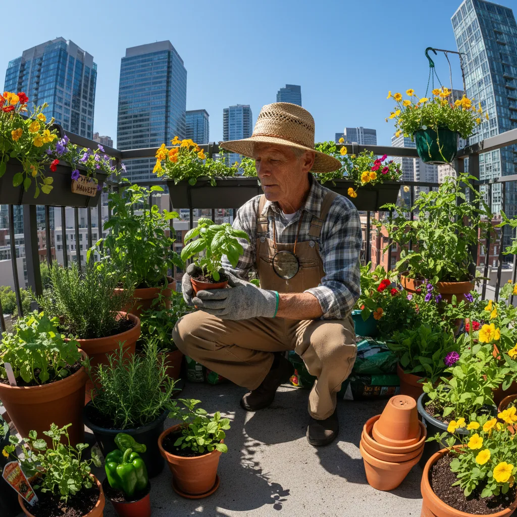 An older person intensely inspects plant tags and potted plants on a sunny urban balcony. Harsh midday light casts strong shadows.