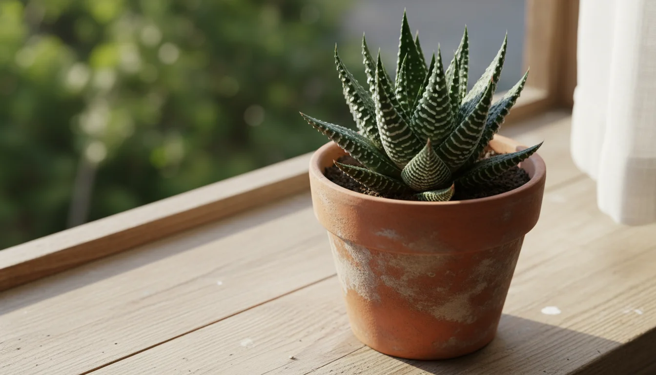 Close-up of a Haworthia fasciata succulent with white zebra-like bands in a terracotta pot on a bright windowsill.