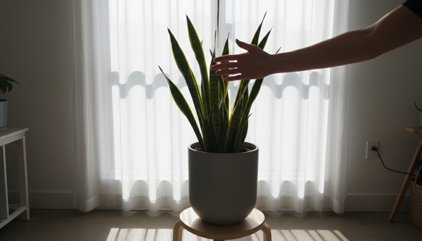 A healthy ZZ plant in a charcoal ceramic pot on a wooden side table in a softly lit urban apartment corner, with an open journal and reading glasses.