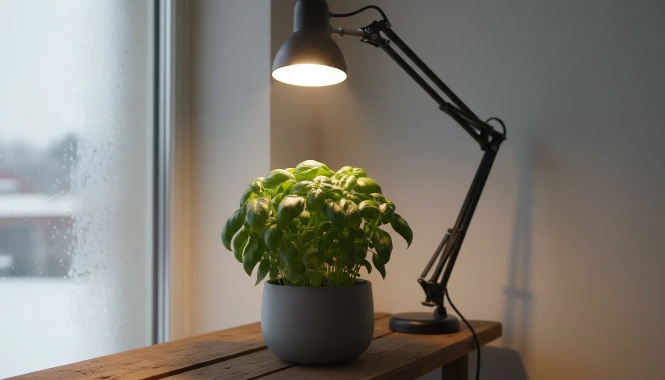 A healthy basil plant in a gray pot under a black clamp-on lamp with an LED grow light bulb, sitting on a wooden shelf by a window.