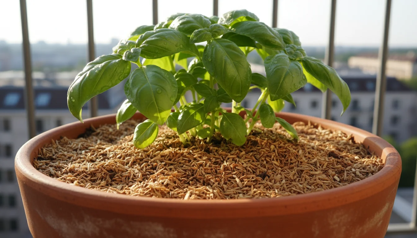 Close-up of a healthy basil plant in a terracotta pot on a balcony, its soil topped with a protective layer of finely shredded bark mulch.