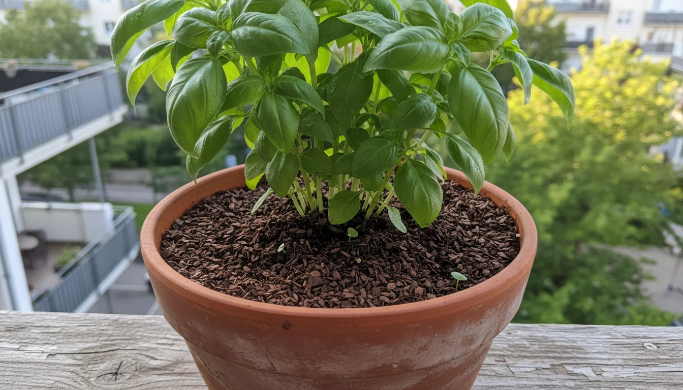 Close-up of a healthy basil plant in a terracotta pot with a dark bark mulch layer on top, on a sunny balcony railing.