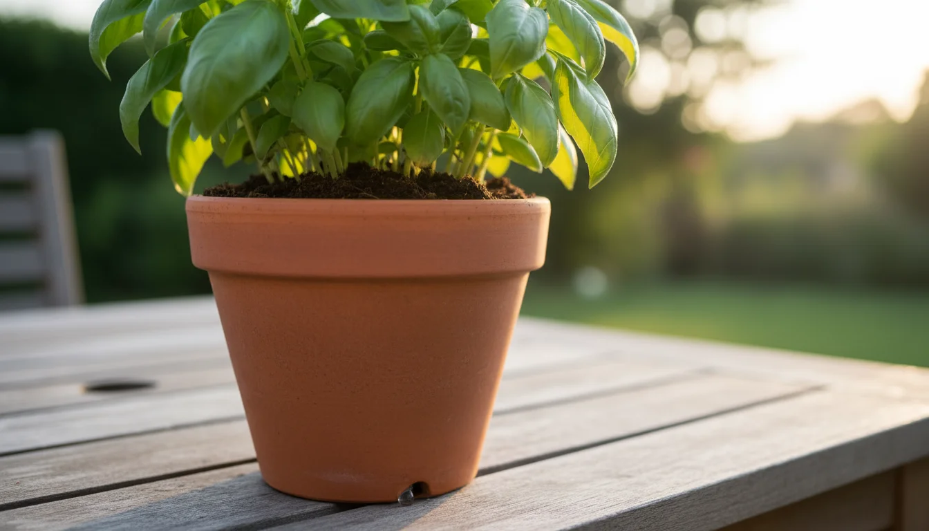 Close-up of a healthy basil plant in a terracotta pot on a wooden table, with dark, moist soil and a drop of water exiting a drainage hole.