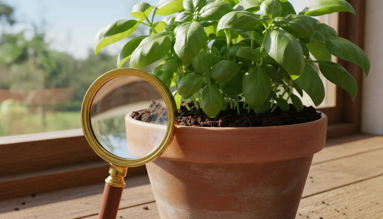 A healthy basil plant in a terracotta pot with worm castings on the soil and a magnifying glass nearby, on a sunny windowsill.