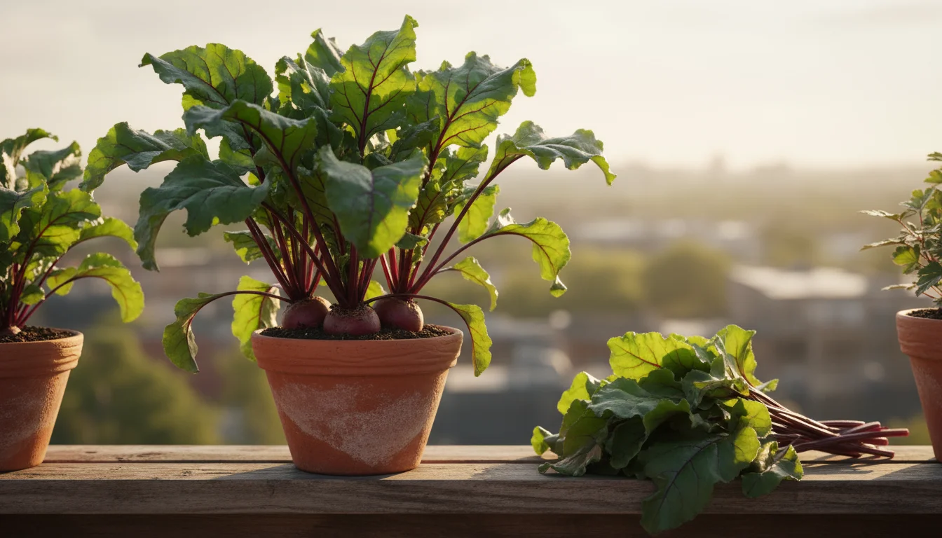 A healthy beet plant in a terracotta pot on a balcony railing, with a small pile of fresh beet greens next to it.