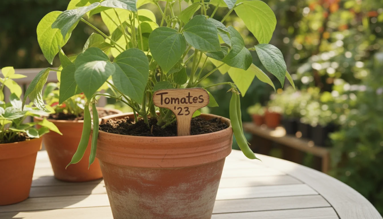 A healthy bush bean plant thriving in a terracotta pot on a patio table, with a small wooden stake marked