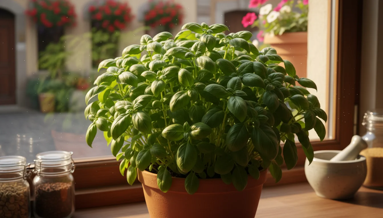 A healthy, bushy basil plant in a terracotta pot on a sunny kitchen windowsill, showing dense green leaves.