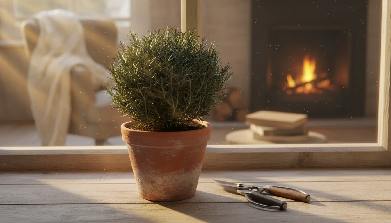 Healthy, bushy potted rosemary plant on a sunlit wooden windowsill, with small pruning shears resting next to its terracotta pot.