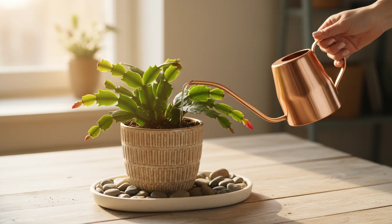 Healthy Christmas cactus in a ceramic pot on a pebble tray, receiving precise watering from a small, elegant watering can.
