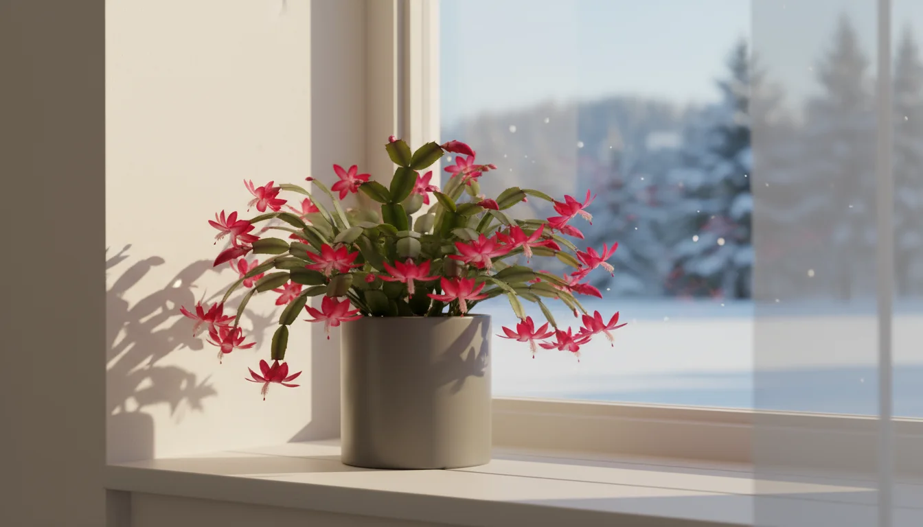 Healthy Christmas Cactus in a grey pot on a windowsill, bathed in soft morning light, with a blurred urban park visible outside.