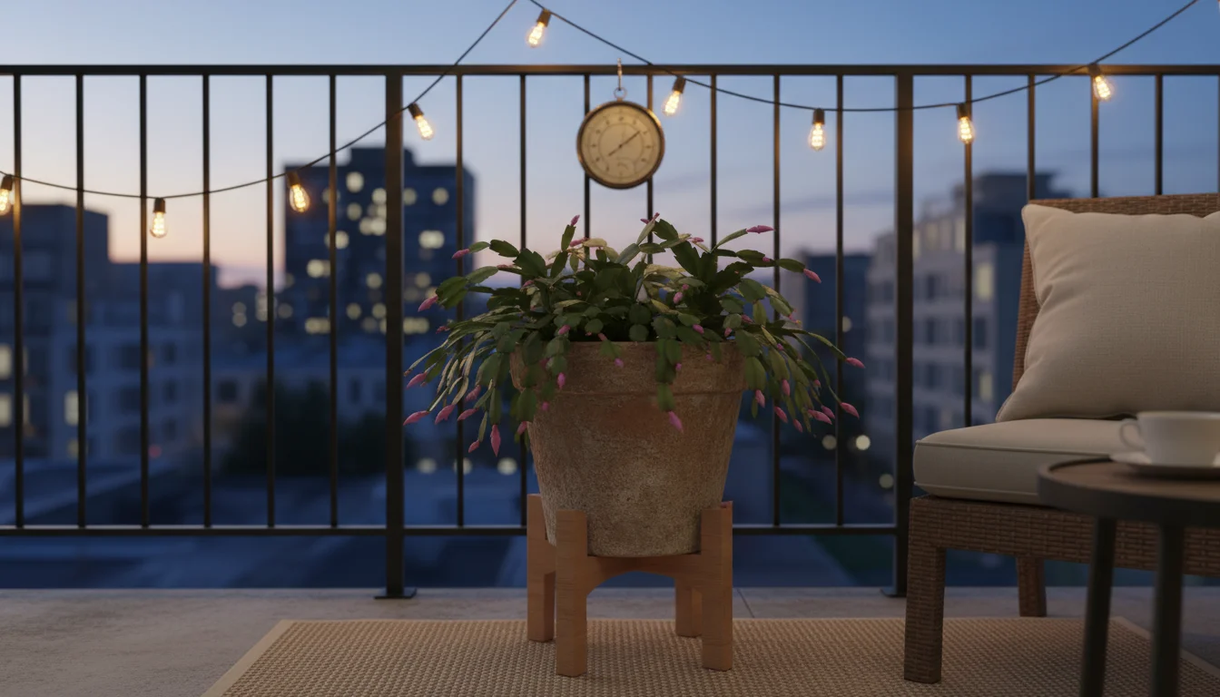 A healthy Christmas Cactus in a terracotta pot sits on a wooden stand on an urban balcony at dusk, with dry soil and a thermometer showing 55°F.