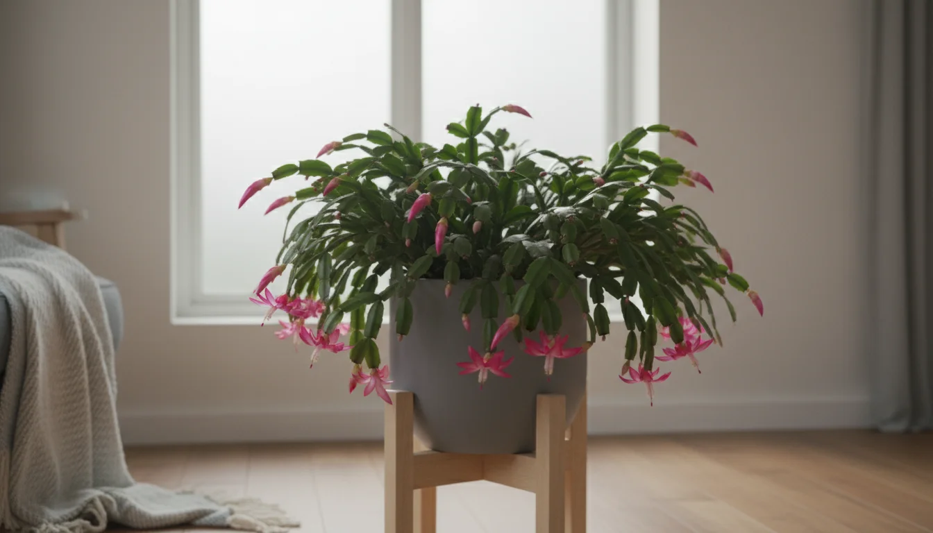 A healthy Christmas Cactus with vibrant pink flowers in a gray pot on a wooden stand, bathed in soft window light indoors.