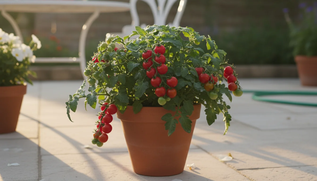 A healthy, compact cherry tomato plant with bright red, ripe fruit in a terracotta pot on a sunny patio, symbolizing early harvest.