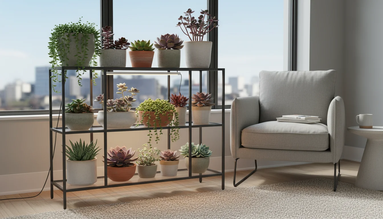 Healthy, compact succulents on a dark gray multi-tiered plant stand under an LED grow light in an apartment corner.