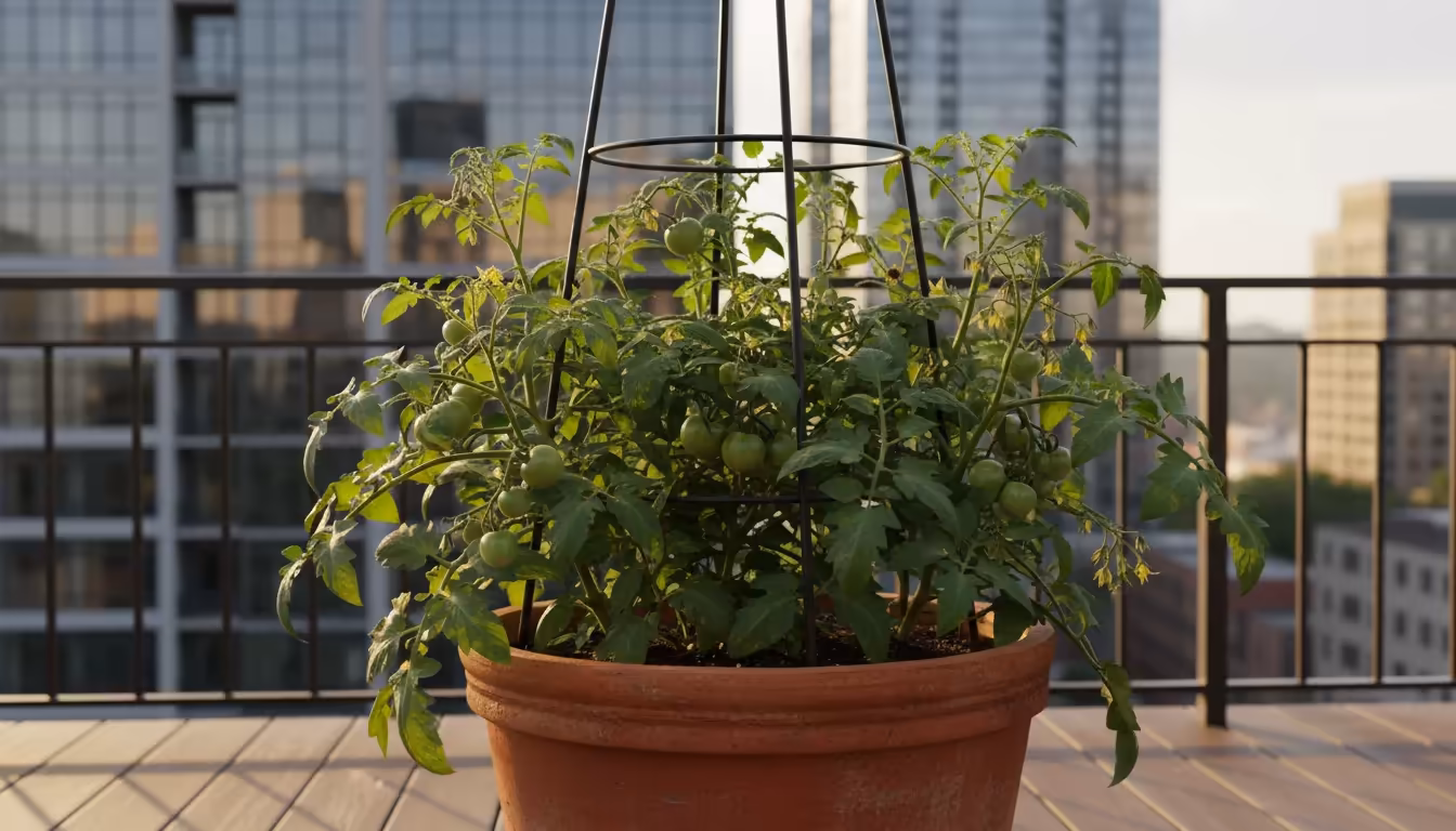 A healthy container-grown tomato plant expertly supported by a modern dark metal obelisk trellis on an urban balcony, bathed in golden light.