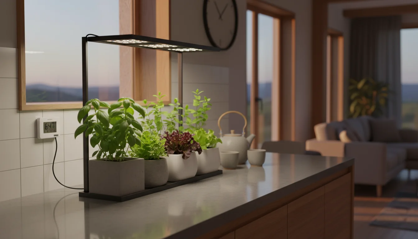 Healthy container herbs and leafy greens on a kitchen counter under an off LED grow light, with a digital timer visible.