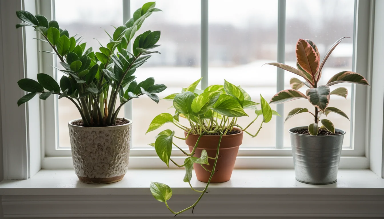 Healthy container houseplants on a windowsill in soft, diffused winter light, showcasing their natural, slower growth period.