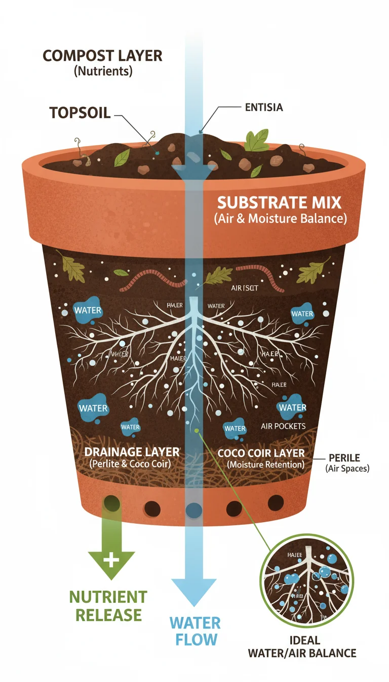Infographic illustrating healthy container soil. Labels show soil mix components (perlite, compost, coco coir) creating air pockets and water retention, with roots and clear drainage flow.