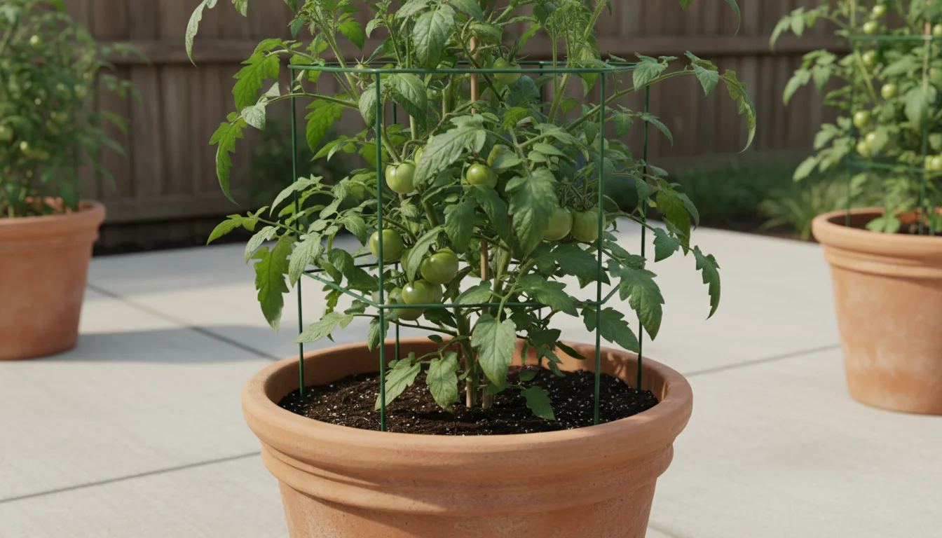 A healthy determinate tomato plant growing into a sturdy dark green square cage in a large terracotta pot on a sunny patio.