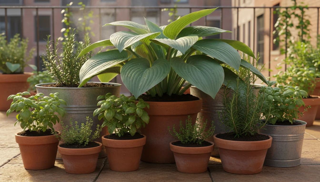 Healthy, diverse container plants grouped closely together on a sunny urban patio, with larger leaves casting shade on the soil of smaller pots.
