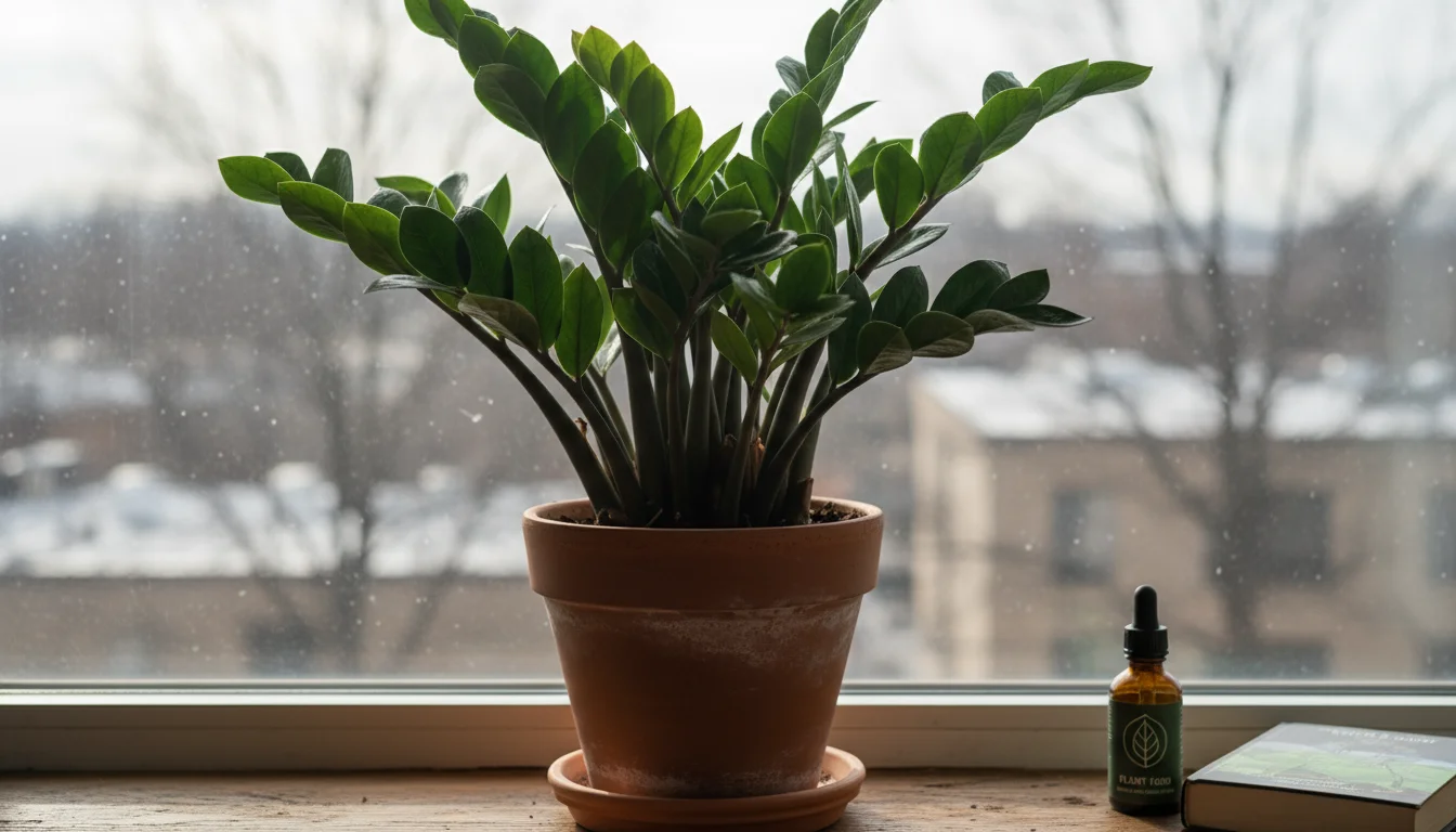 A healthy, dormant ZZ plant in a terracotta pot on a windowsill, with a capped liquid fertilizer bottle in the soft-focus background.