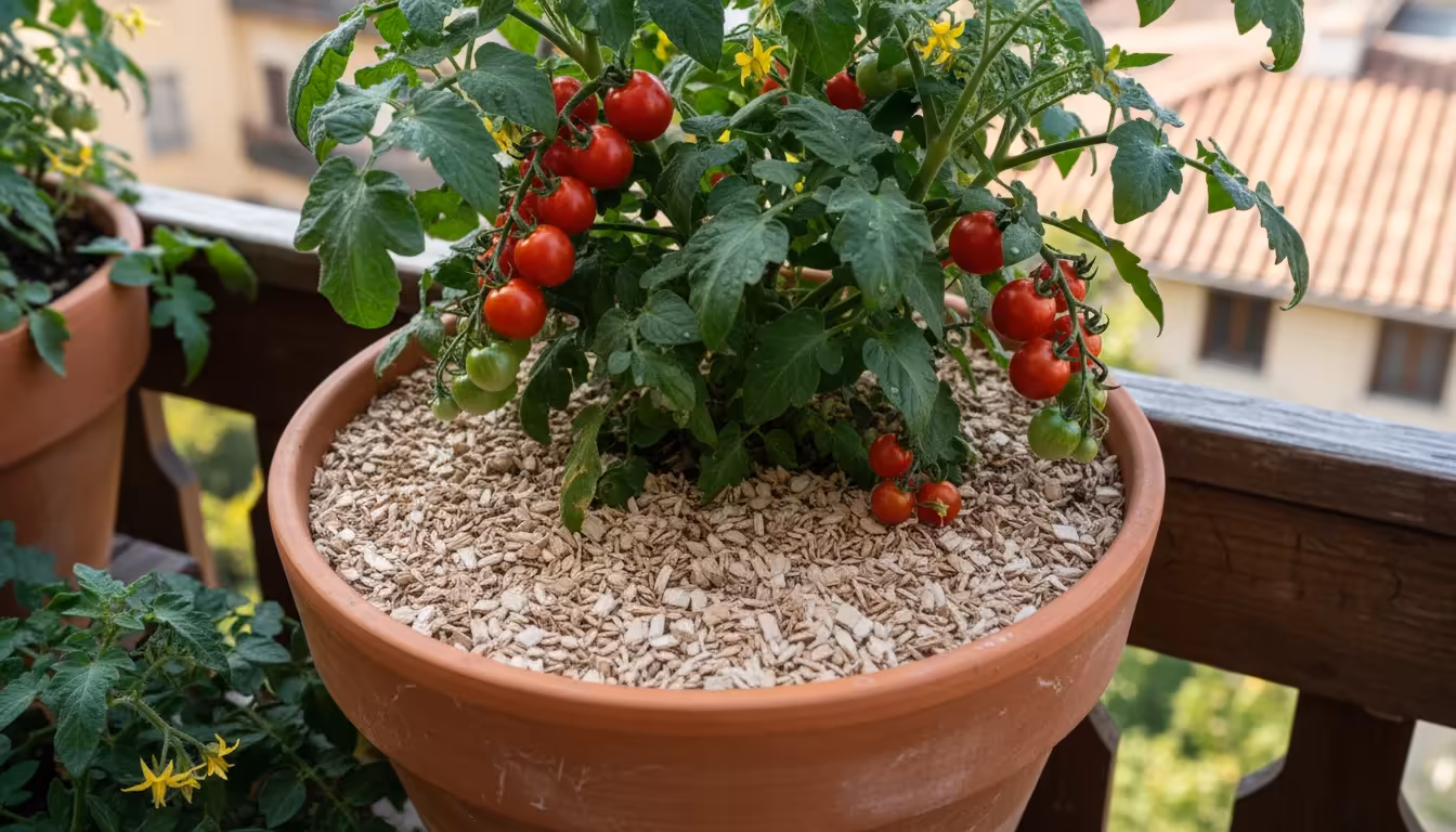 Overhead close-up of a healthy dwarf cherry tomato plant in a terracotta pot, with a thick layer of light wood chip mulch on a sunny urban balcony.