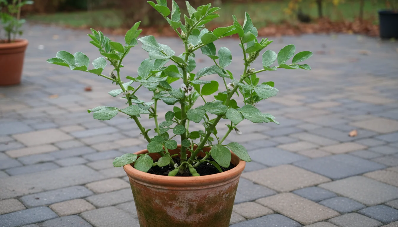 A healthy fava bean plant, about 1.5 feet tall, growing in a terracotta pot on a damp patio, with morning dew on its leaves.