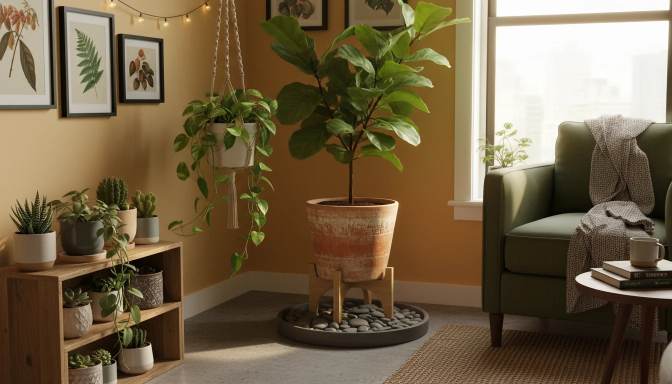 A healthy Fiddle Leaf Fig in a terracotta pot on a wooden stand with a visible pebble tray underneath, surrounded by two smaller potted plants in a br