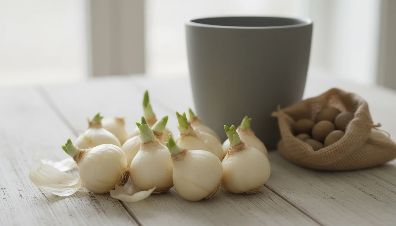 A close-up of healthy, firm paperwhite bulbs in a small pile on a wooden table, with a grey ceramic pot in the background.
