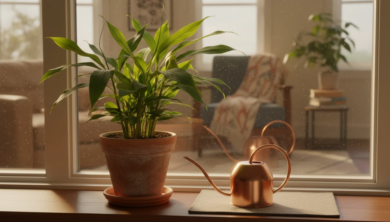A healthy ginger plant in a terracotta pot on a sunny windowsill with a watering can.