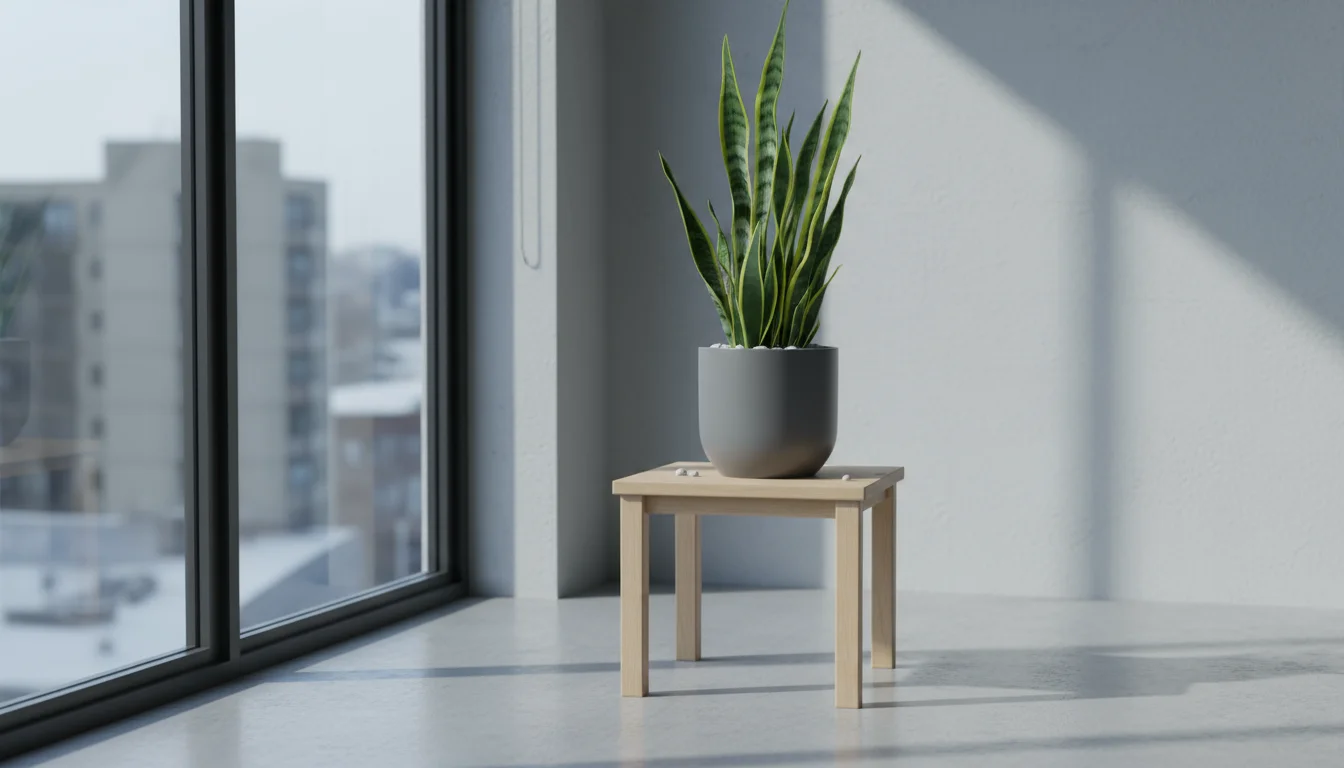 A healthy, green snake plant in a grey pot sits on a wooden table, illuminated by soft, cool winter light from a window.