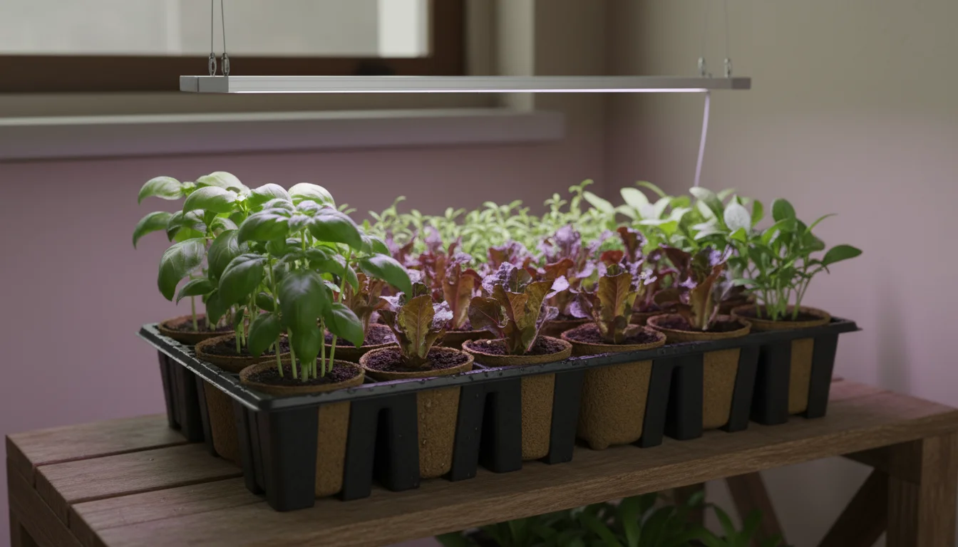Healthy herb and vegetable seedlings grow in a tray under an LED grow light suspended approximately 20 inches above them on a wooden shelf.
