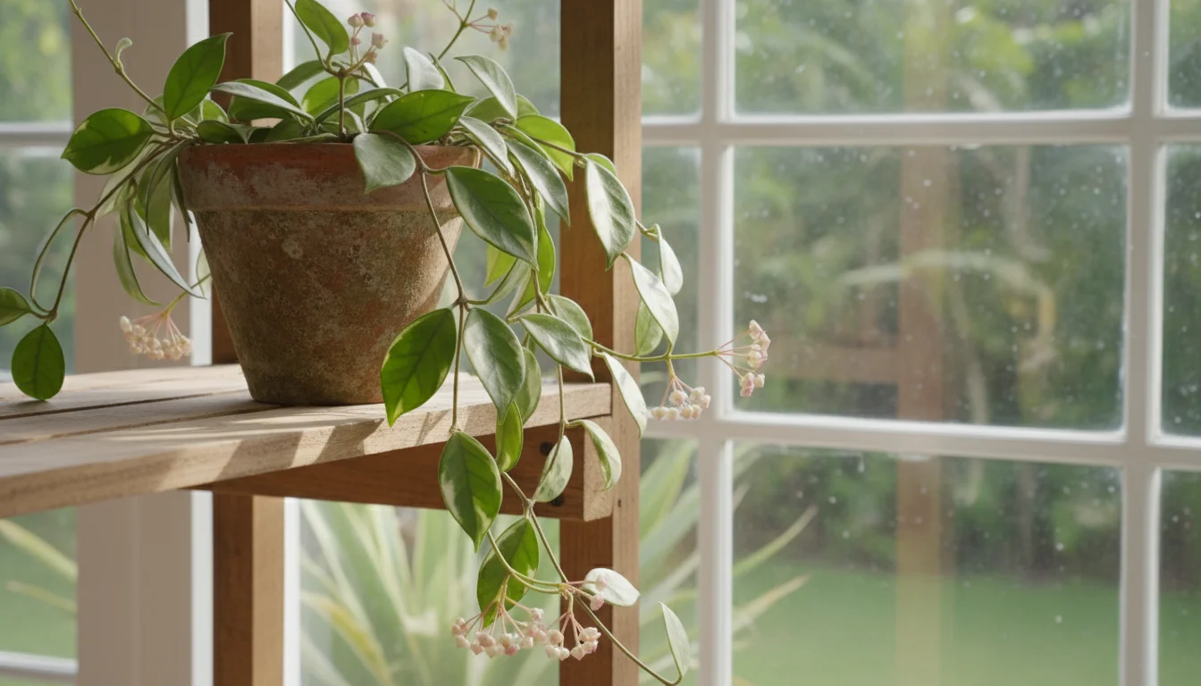 Healthy Hoya Carnosa plant with waxy leaves trailing from a terracotta pot on a wooden shelf by a window, bathed in soft morning light.