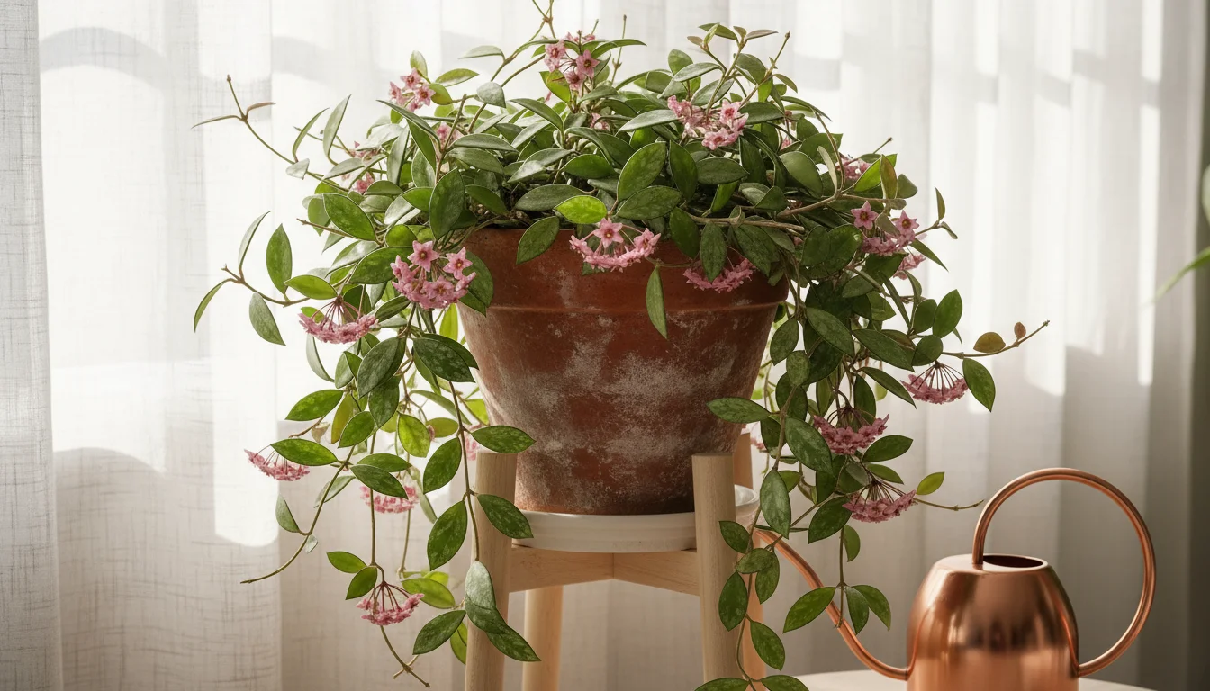 Healthy Hoya 'pubicalyx' with pink blooms in a terracotta pot on a wood stand, bathed in filtered light.