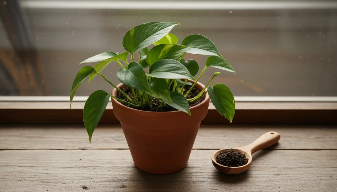 Top-down view of a healthy indoor Pothos in a terracotta pot on a windowsill, with a small spoonful of worm castings beside it.