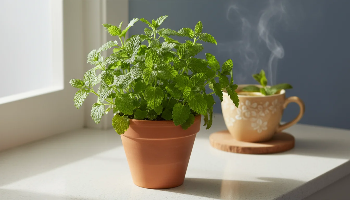 A healthy lemon balm plant in a terra cotta pot on a bright windowsill, with a blurred steaming tea mug nearby.