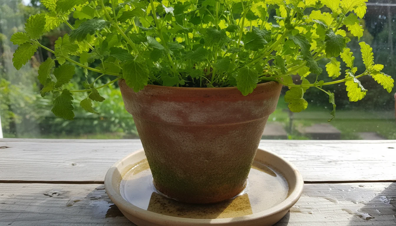 Healthy lemon balm in an unglazed terracotta pot sits on a damp saucer on a wooden windowsill, showing good drainage.