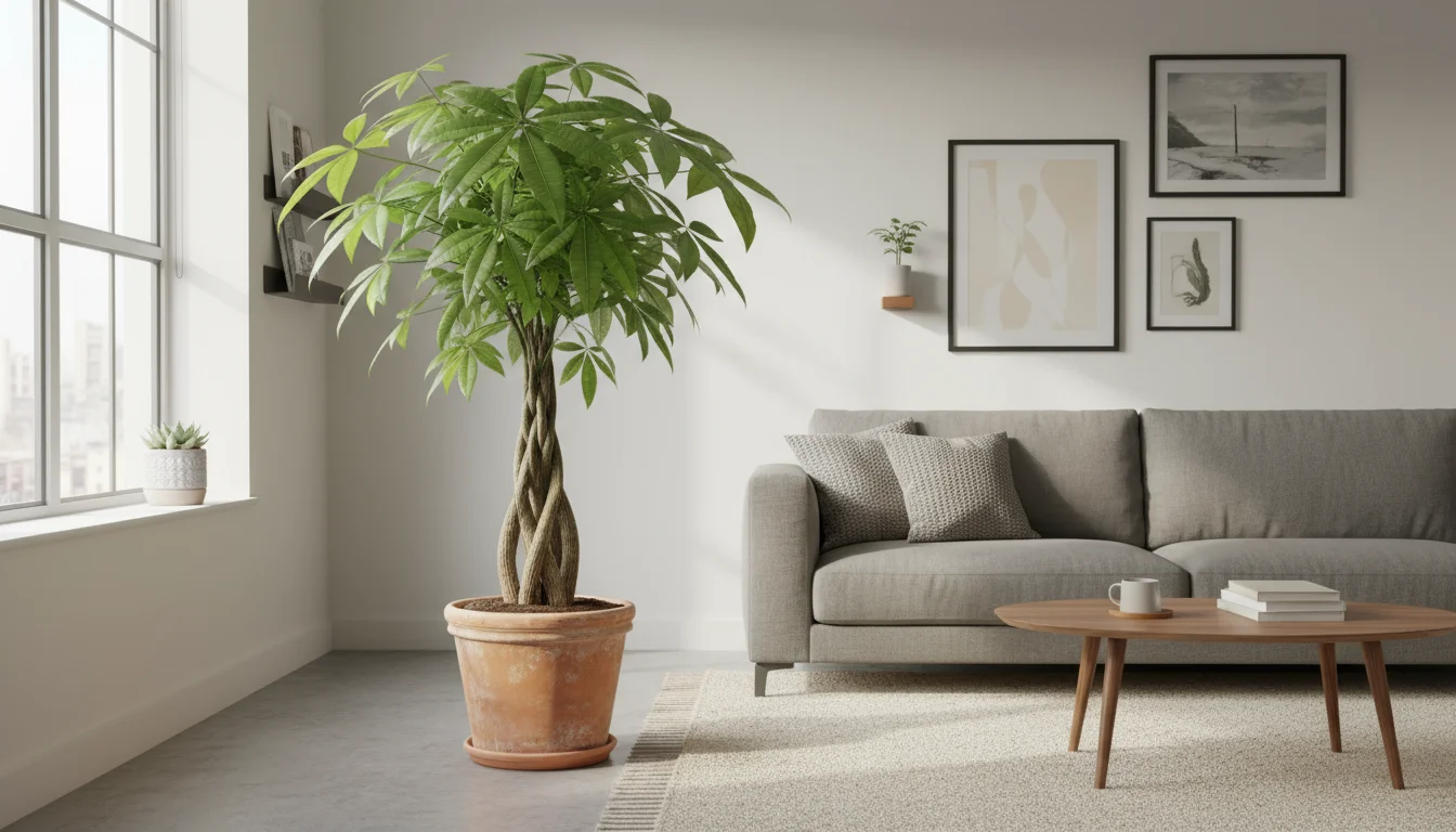 A healthy Money Tree (Pachira aquatica) with a braided trunk and palmate leaves in a terracotta pot, lit by natural window light in an urban living ro