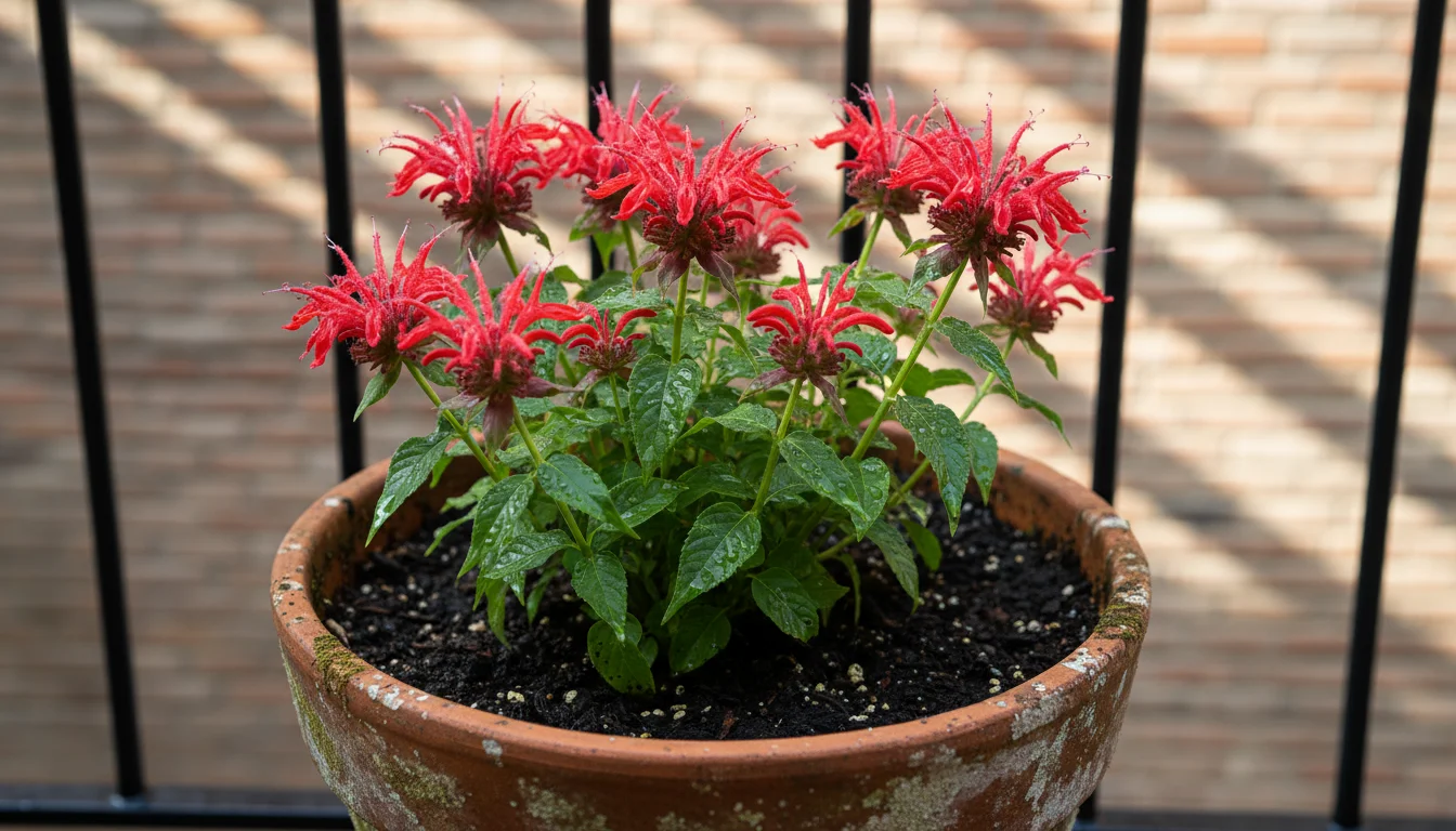 Close-up of a healthy native perennial in a terracotta pot on a patio, soil intact with rain droplets, showing resilience.