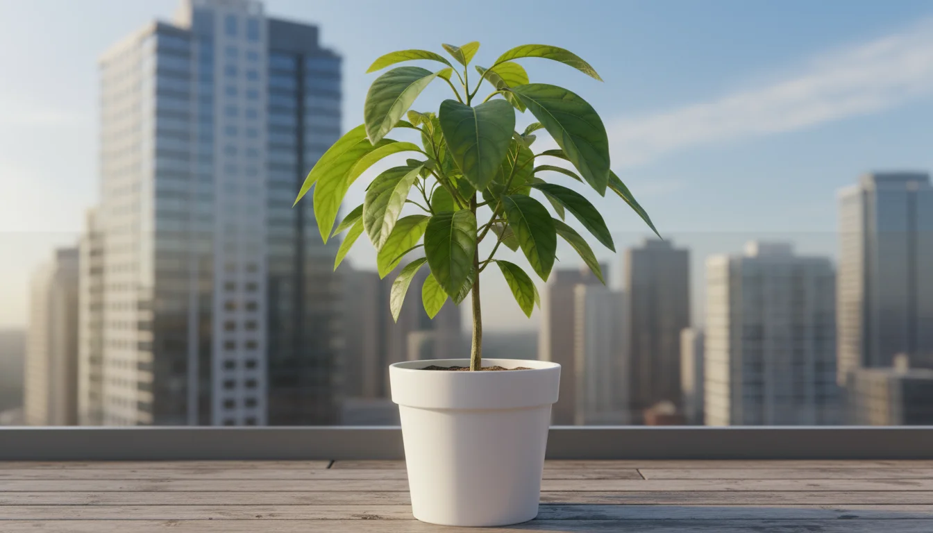 A healthy, non-fruiting avocado plant in a white pot on an urban balcony, bathed in morning light.