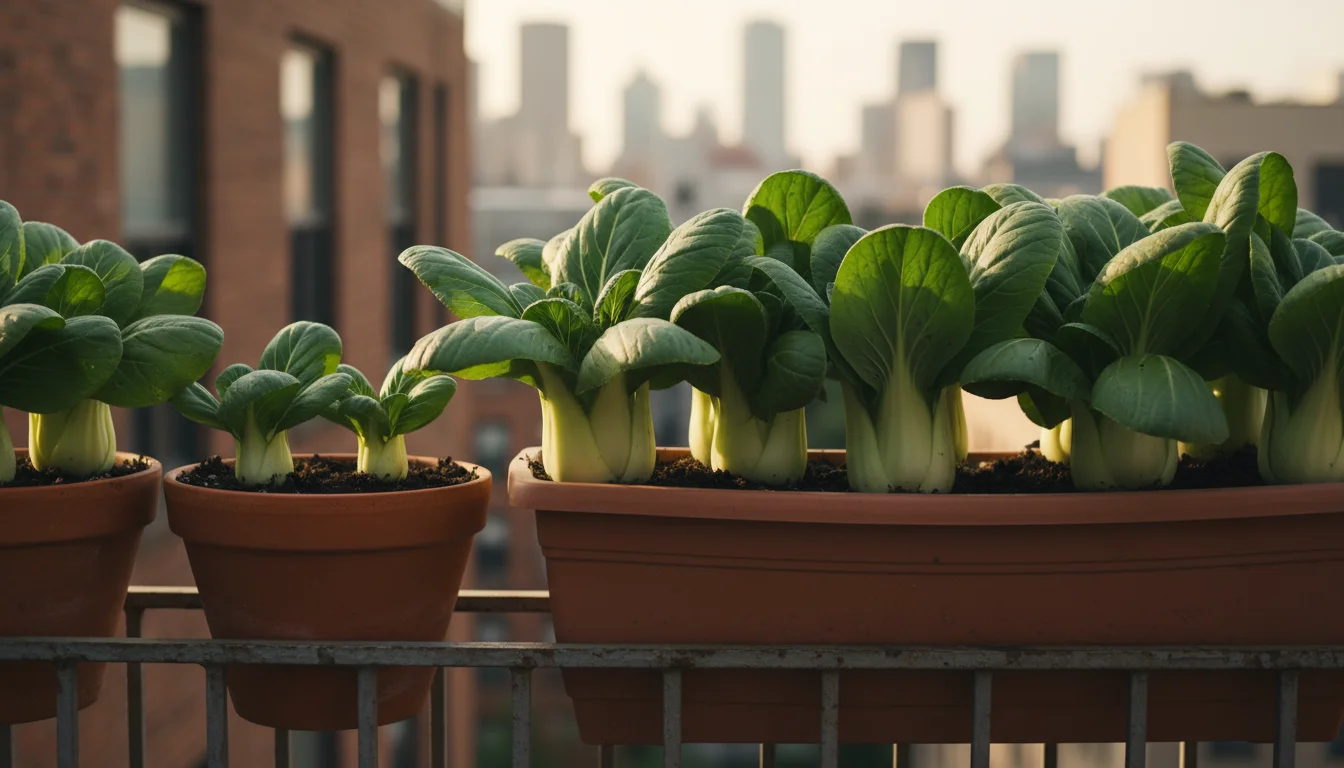 Healthy pak choi plants with crisp white stalks and dark green leaves growing in pots on an urban balcony railing.