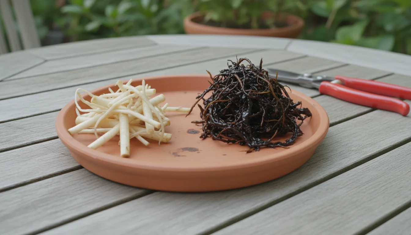 Close-up of healthy pale roots next to dark, mushy rotted roots on a terracotta saucer, with pruning shears and rubbing alcohol nearby.