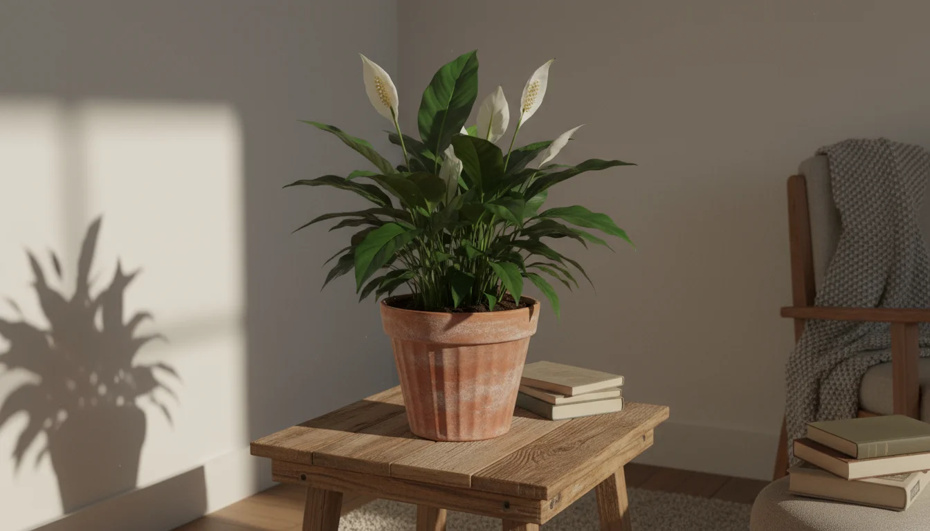 A healthy Peace Lily plant with glossy green leaves and white blooms sits in a terracotta pot on a wooden side table in a softly lit room.