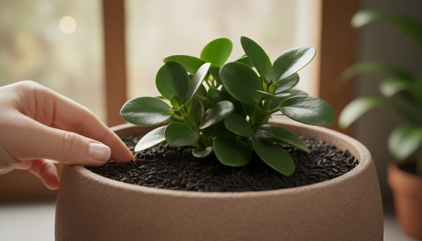 Close-up of a healthy peperomia plant in a ceramic pot, with visible worm castings in soil, a hand admiring its pristine leaves.