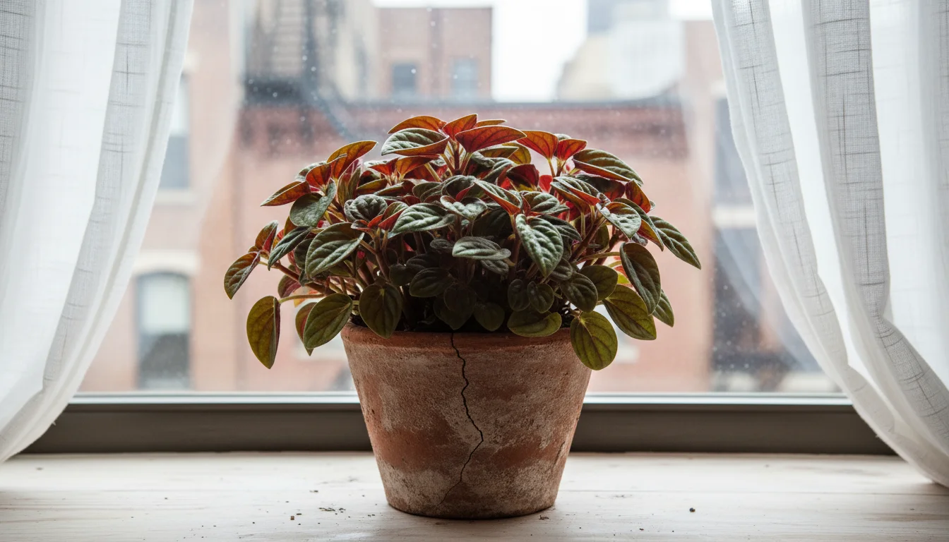 Healthy Peperomia 'Rosso' in a terracotta pot on a sun-filtered window sill, showcasing dry, chunky potting mix for ideal drainage.