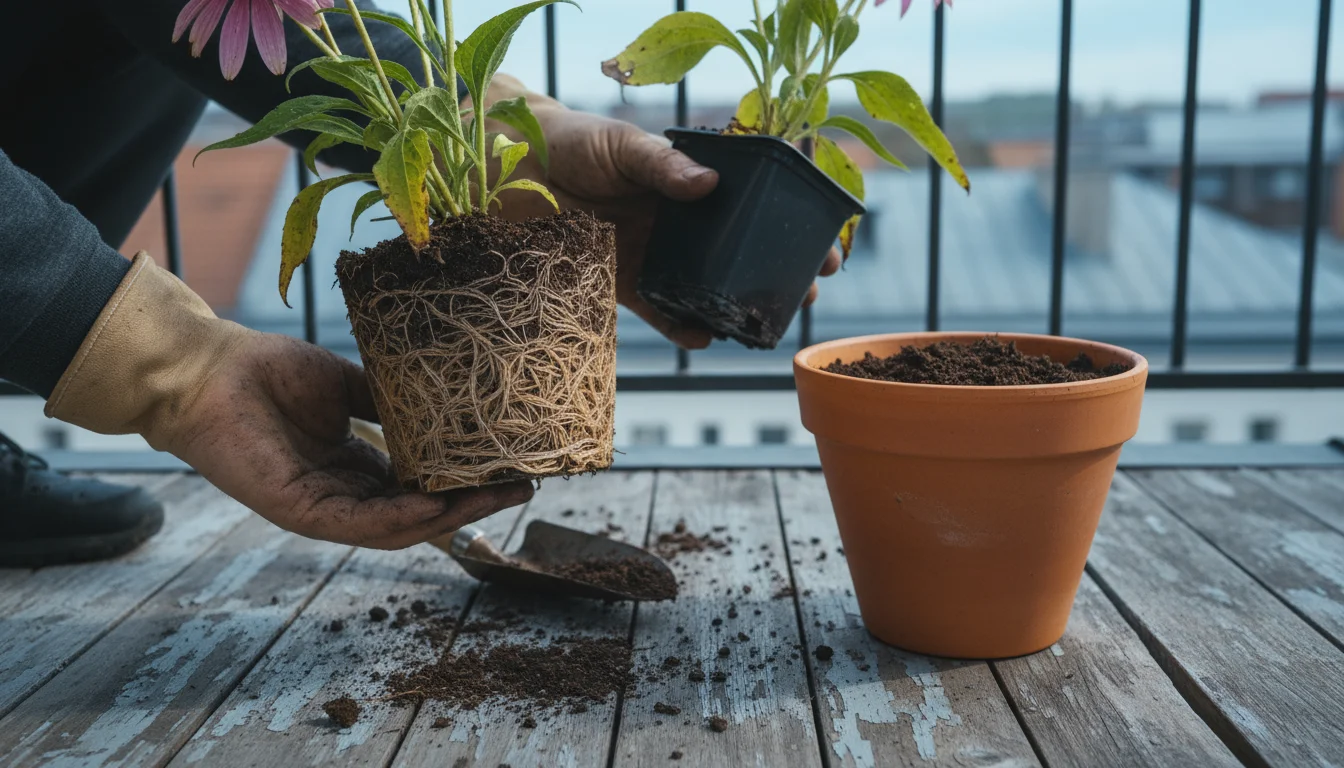 Healthy perennial root ball removed from its pot on a balcony floor, ready for planting in terracotta.