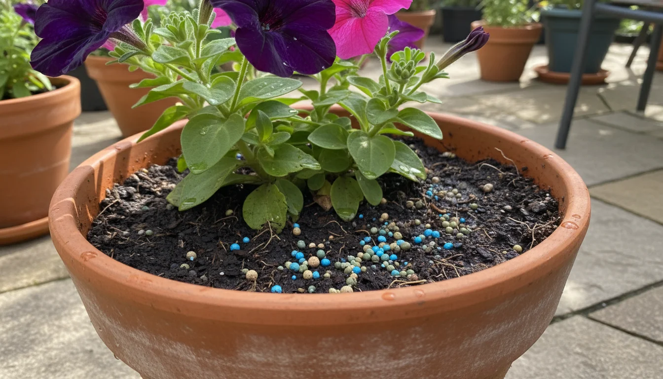 Close-up of a healthy petunia plant's base in a terracotta pot, showing moist soil with granular fertilizer pellets dissolving on the surface.