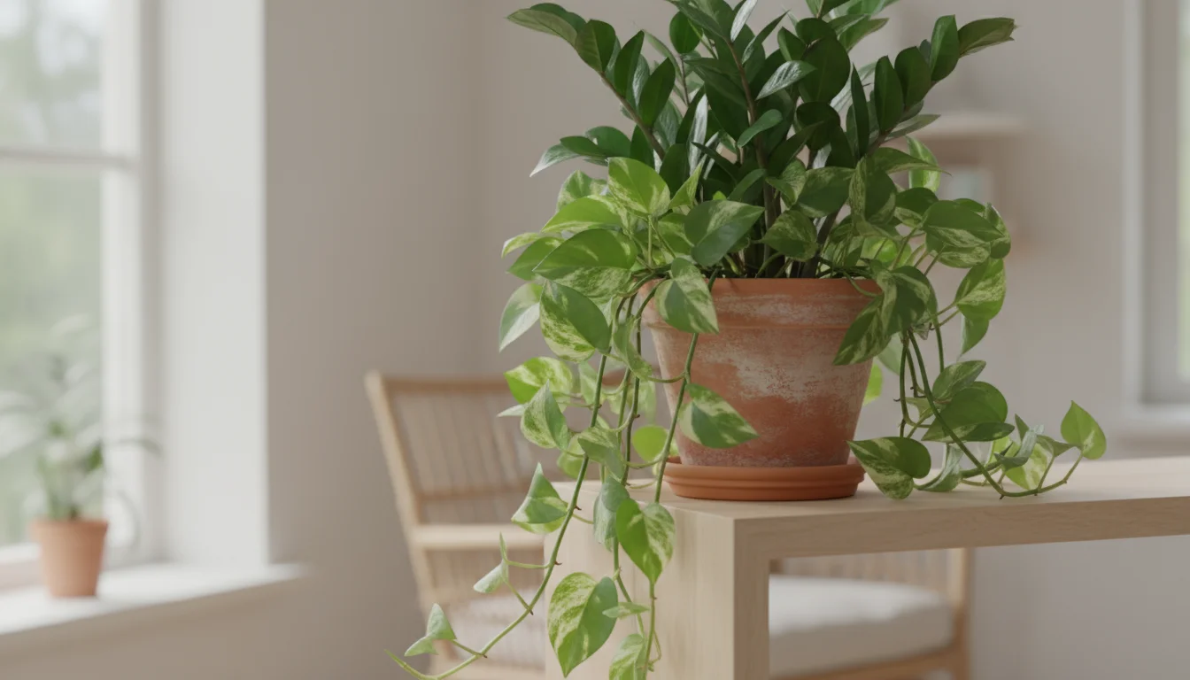 A healthy ZZ plant with glossy, dark green leaves and a variegated Pothos trailing from a terracotta pot on a wooden shelf, bathed in soft light.
